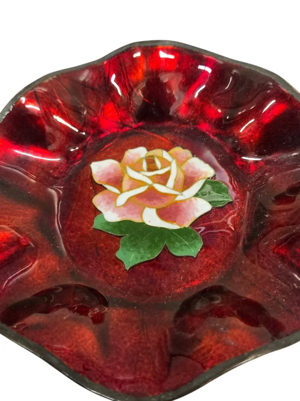SET OF (2) 1920'S BASSE-TAILLE ENAMEL ROSE FLUTED BOWLS - FRANCE